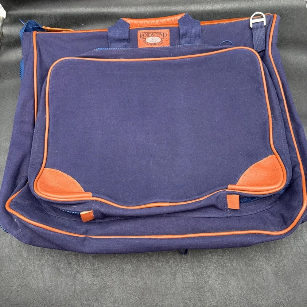 Vintage Lands End Deluxe Square Rigger Navy Canvas Leather Trim Garment Bag